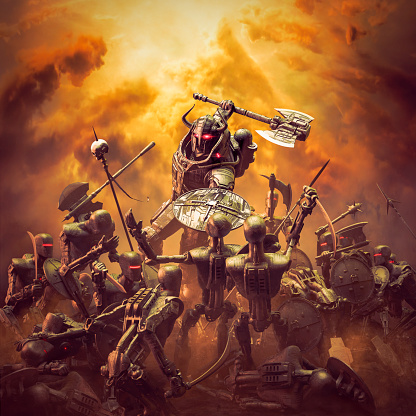 3D illustration of science fiction robot knight with horned helmet fighting army of androids under heavenly clouds