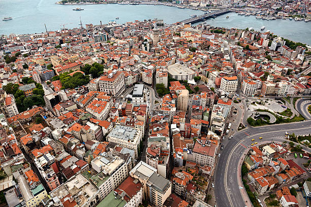 galata district of istanbul from air. - beyoglu stockfoto's en -beelden