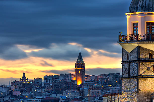 galata tower and maiden tower - istanbul bildbanksfoton och bilder