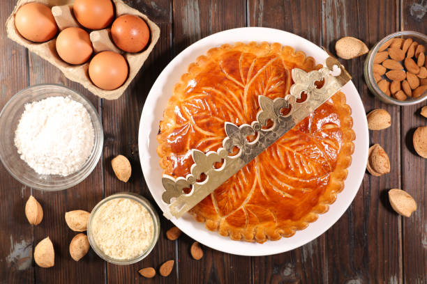 galette des rois, epiphany cake with ingredient and crown stock photo