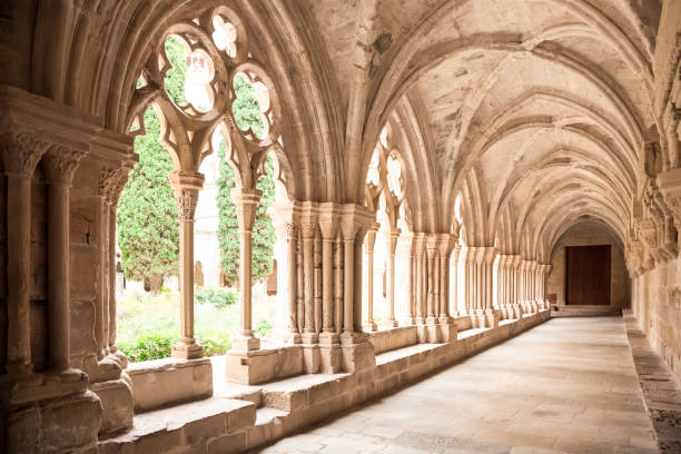Galleries of Poblet Monastery Picturesque inner court of Poblet Monastery at day in Catalonia abbey monastery stock pictures, royalty-free photos & images