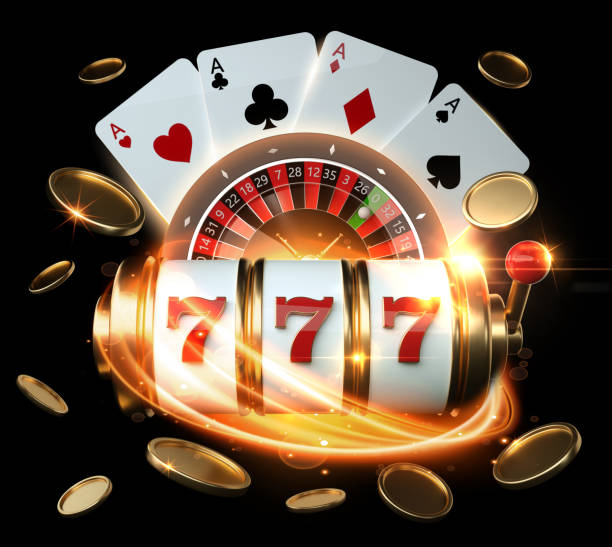 Gambling Concept Illustration. Casino Banner. Slot Machine, Roulette Wheel And Four Aces With Golden Coins 3D Rendering casino stock pictures, royalty-free photos & images