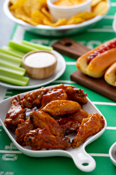 Game day food for Super Bowl, bbq wings stock photo