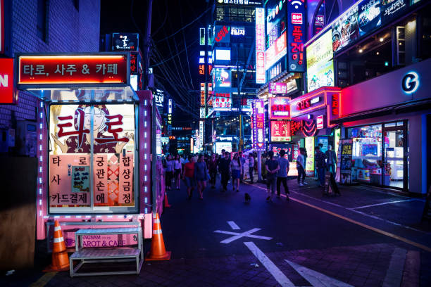 Gangnam shopping street with colorful neon lights at night, Seoul, South Korea stock photo