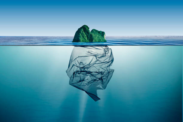 garbage plastic with island floating in the ocean garbage plastic with island floating in the ocean. aquatic organism stock pictures, royalty-free photos & images