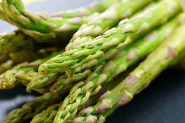 Garden asparagus is a perennial flowering plant of the genus Asparagus. Selective focus stock photo