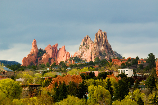 Red spires of the Garden of the Gods Park in Colorado Springs on a beautiul spring afternoon.