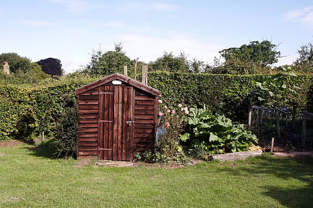 Garden shed in typical English back yard Garden shed in typical English back yard hut stock pictures, royalty-free photos & images