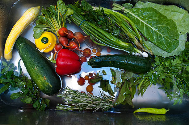 Garden Vegetables in a Sink full of Water stock photo