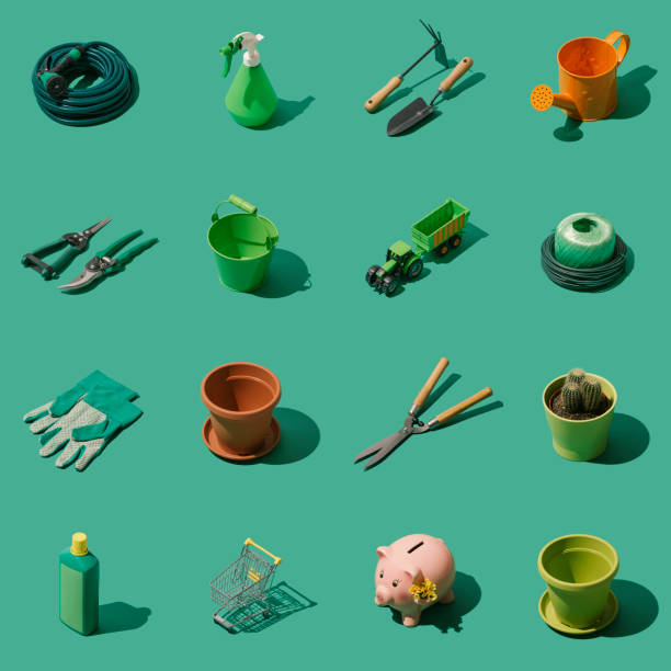 Gardening and horticulture tools collection Gardening, landscaping and horticulture isometric tools collection on green background gardening equipment photos stock pictures, royalty-free photos & images