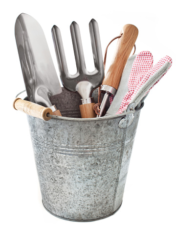 Gardening tools and bucket background