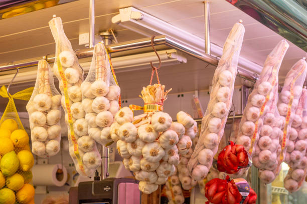 Garlic at Mercado Central (Central Market) in Valencia, Spain stock photo