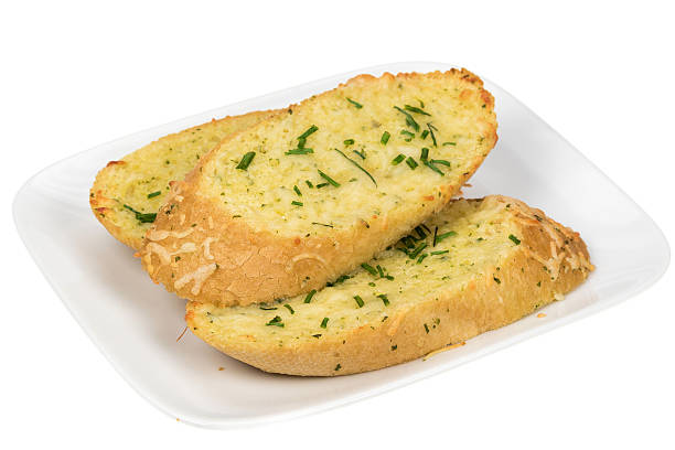 Garlic bread with cheese Garlic bread with melted cheese and chive - studio shot with a white background garlic bread stock pictures, royalty-free photos & images