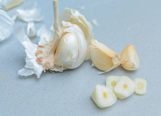 Garlic in Silestone surface. stock photo