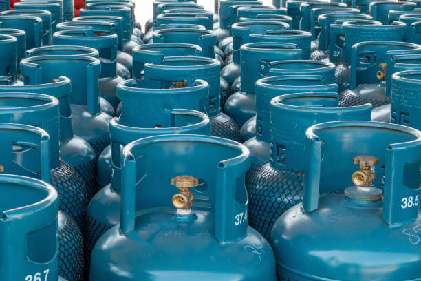 LPG gas bottle stack ready for sell, filling lpg gas bottle stock photo