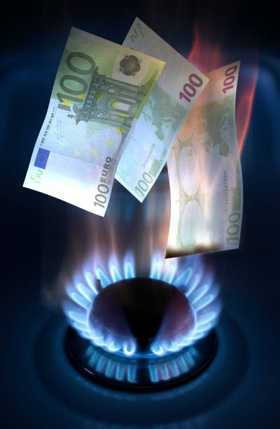 Gas flame with Euro banknotes stock photo