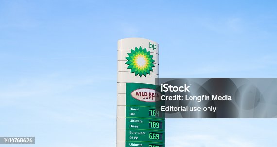 BP gas or petrol station in Poland. Pylon with logo and fuel prices.