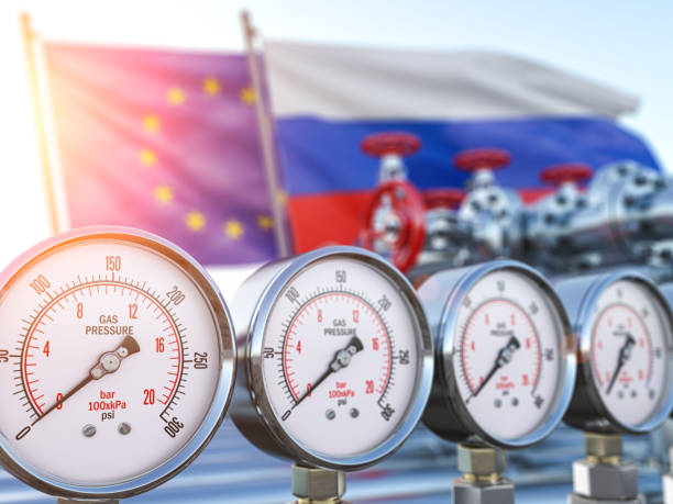 Gas pipeline with gauge with zero pression and EU European Union and Russia flags. Energy crisis and sacctions concept. stock photo