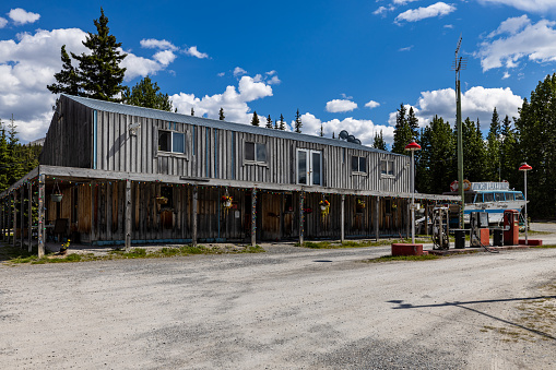 Watson Lake, Yukon, Canada - June 25, 2019: An famous Gas Station along the Alaska Highway in Canada