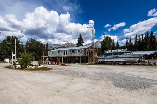 Watson Lake, Yukon, Canada - June 25, 2019: An famous Gas Station along the Alaska Highway in Canada