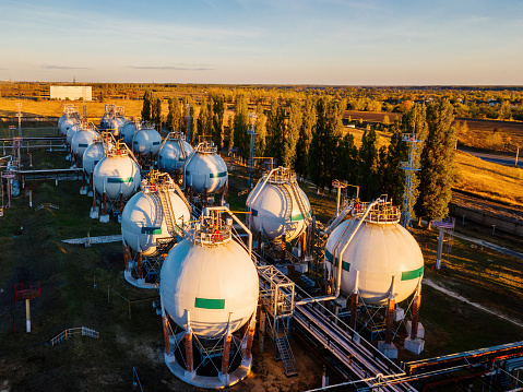 Gas storage sphere tanks in chemical plant, aerial view.