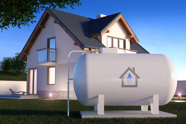 Gas Tank near house 3d illustration storage tank stock pictures, royalty-free photos & images