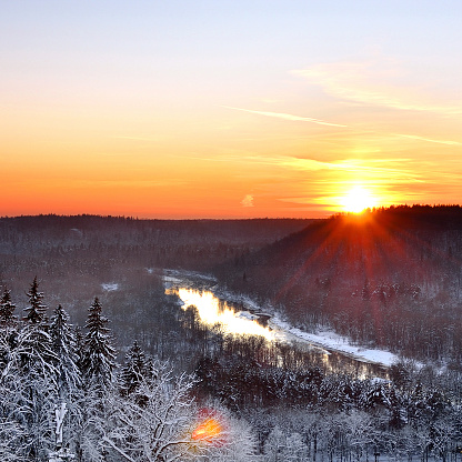 Gauja river valley in Sigulda, Latvia. Sunset in winter