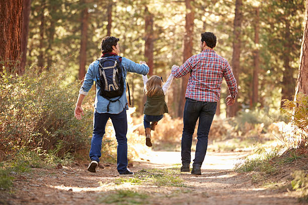 gay masculino casal com filha caminhando através da floresta de outono nos eua - gay - fotografias e filmes do acervo