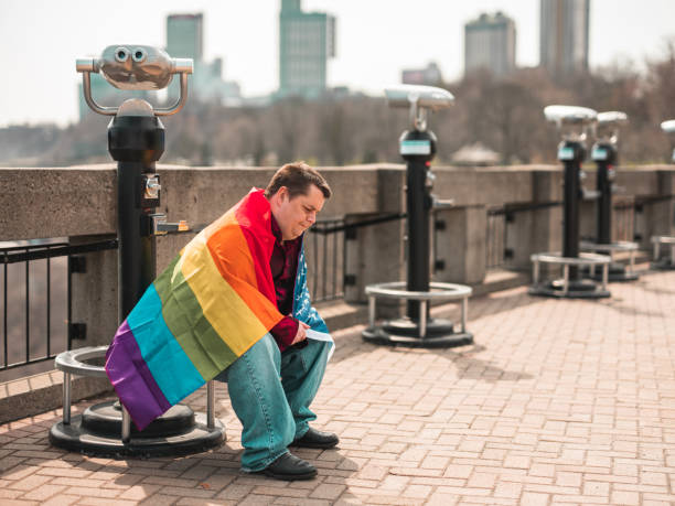 Gay man visiting Niagara Falls stock photo