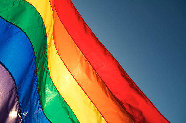 Gay Pride Rainbow Flag Waving in Sun against Blue Sky Rainbow flag glows in bright sun waving in blue sky. Some motion blur on top edge of waving flag. lgbtqia pride event stock pictures, royalty-free photos & images