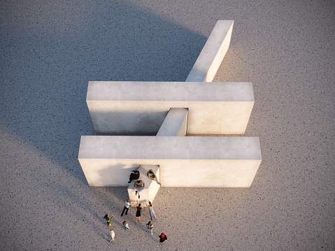 Women trying to push the concrete wall in order to turn the unequality symbol to equality symbol and the men are sitting on the block to make it difficult, symbolizing concepts of gender equality/inequality. (3d render)