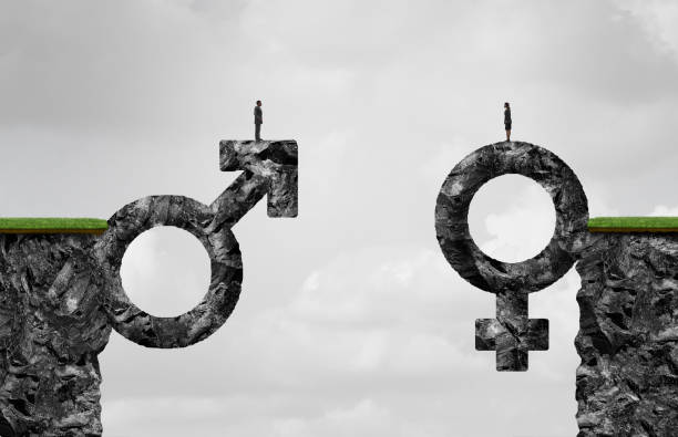 Gender Gap Idea Gender gap idea and sex inequality or equality concept as a male and female symbol shaped into a mountain cliff as a metaphor for pay or wages inequity or divorce in a 3D illustration style. gender stereotypes stock pictures, royalty-free photos & images