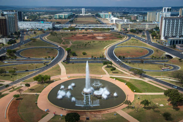 General aerial view towards Monumental axis with parlament building at the end. Brasilia, Brazil stock photo