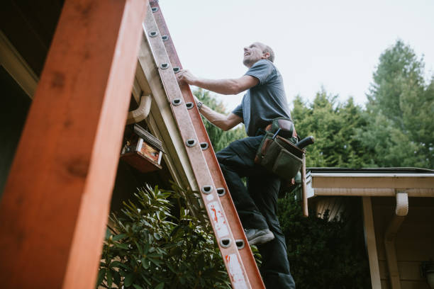 General Contractor Installing New Roof A roofer and crew work on putting in new roofing shingles.  Small local business serving local families in Washington State. ladder stock pictures, royalty-free photos & images