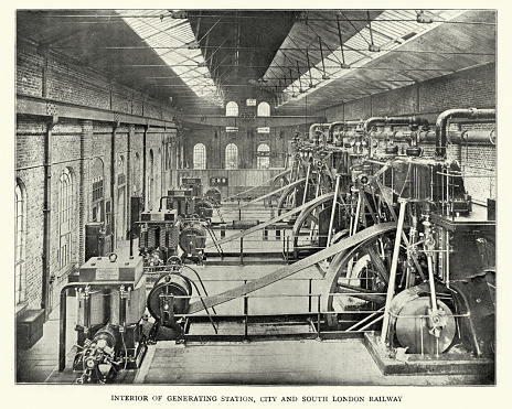 Vintage photograph of the interior of the Generating Station, City and South London Railway, 1899