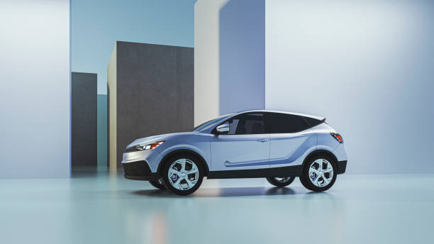 Generic modern car as product shot Generic modern car against concrete wall. This is entirely generic, brandless vehicle modeled without any real references. Entirely 3D generated image. sports utility vehicle stock pictures, royalty-free photos & images