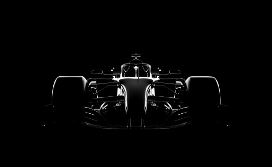 Generic racecar (racing car) prototype, silhouette on black. Car of my own design, legal to use. Photorealistic render.