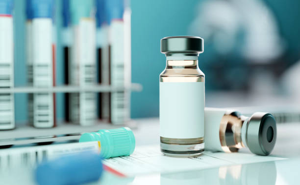 Generic Vaccine Medicine Vial Branding Background A generic medical vaccine vial bottle in a laboratory setting. 3D illustration background. generic drug stock pictures, royalty-free photos & images
