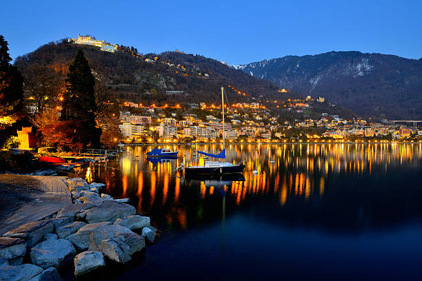 Geneva Lake at dusk in Montreux stock photo