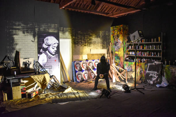 'Genius or Vandal' exhibition of works by the artist 'Banksy' at the Cordoaria Nacional, Lisbon, Portugal. stock photo