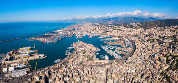 vista panoramica aerea del porto di genova - genova foto e immagini stock