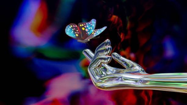 Genome-Edited Blue Glowing Butterflies Stay in the Hands of Metallic AI Robots stock photo