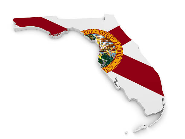 Geographic border map and flag of Florida, The Sunshine State 3D render of the US state of Florida painted with its flag. florida us state stock pictures, royalty-free photos & images