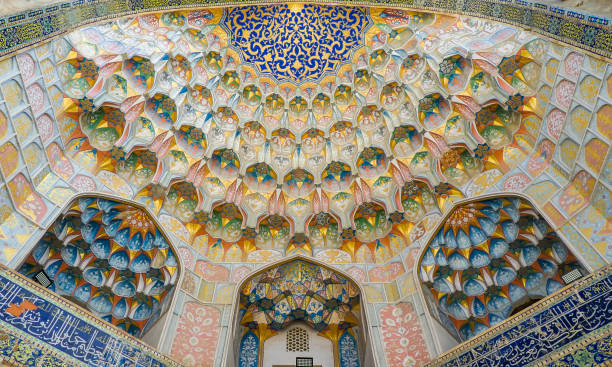 Geometrical Islamic interior design and mosaics Interior of a mosque in the Bukhara art schools stock pictures, royalty-free photos & images