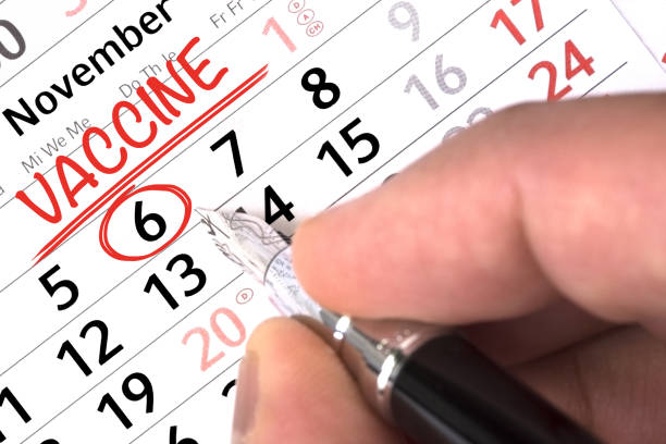 Get vaccine campaign concept with pen writing in calendar a date stock photo
