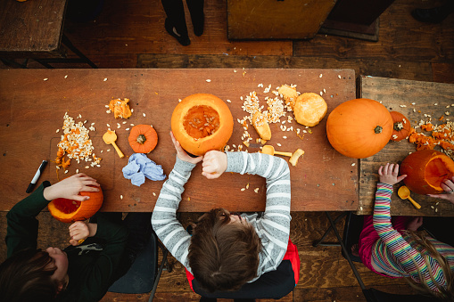 Direct above view of children siblings carving pumpkins at a farm after picking themin preparation for Halloween. There are pumpkin seeds scattered over the table and carving utensils.