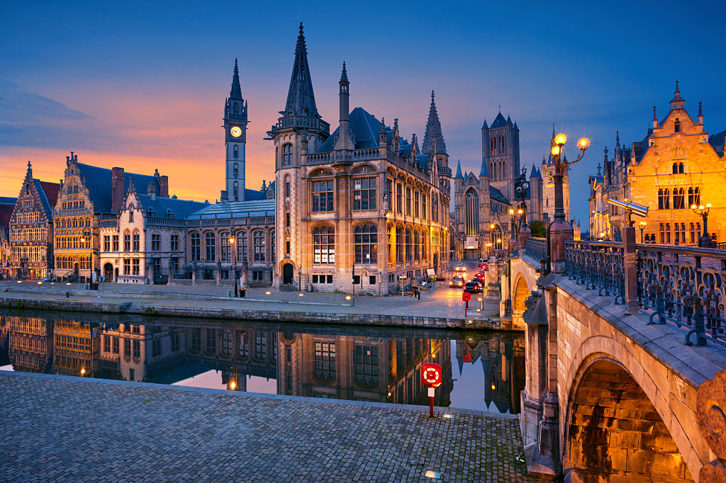 Image of Ghent, Belgium during twilight blue hour.