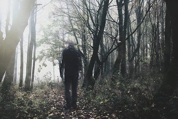 ghostly figure walking through woodland stock photo