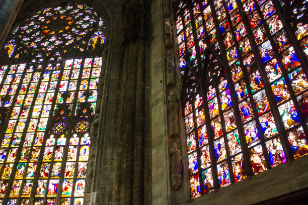 Giant colorful window of Milano Duomo Cathedral stock photo