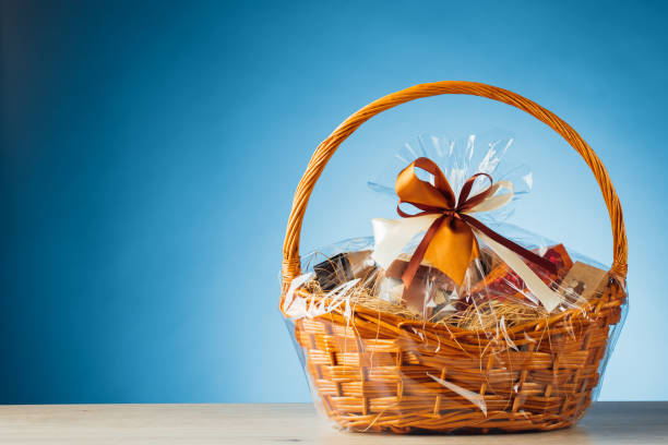 gift basket on blue background stock photo